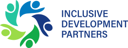 Inclusive Development Partners (IDP). Five figures in varying shades of blue and green. Each figure resembles a person with one arm raised, and the figures are arranged to form a circle.