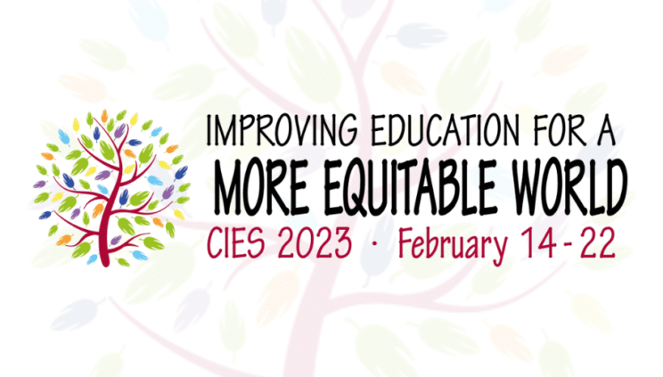 Improving Education for a More Equitable World: CIES 2023 February 14-22. Drawing of a tree with many colorful leaves.