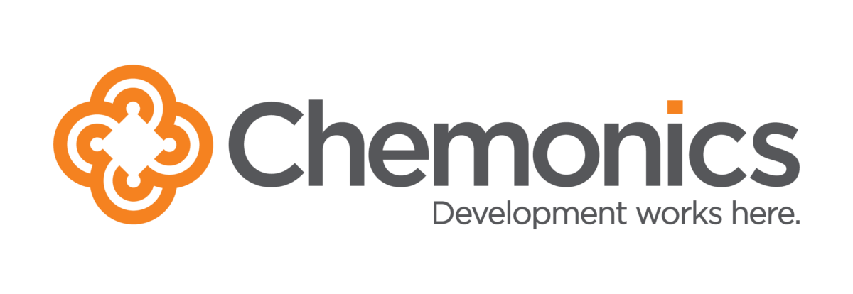 Logo for Chemonics "Development works here" with four orange petals surrounding a four-pointed star.