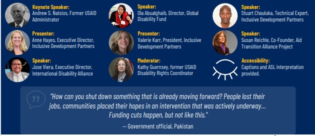 Image of speakers who will be at the webinar inlcuding Andrew Natsios, Ola Abualhaib, Stuart Chauluka, Jose Viera and Kathy Guernsey