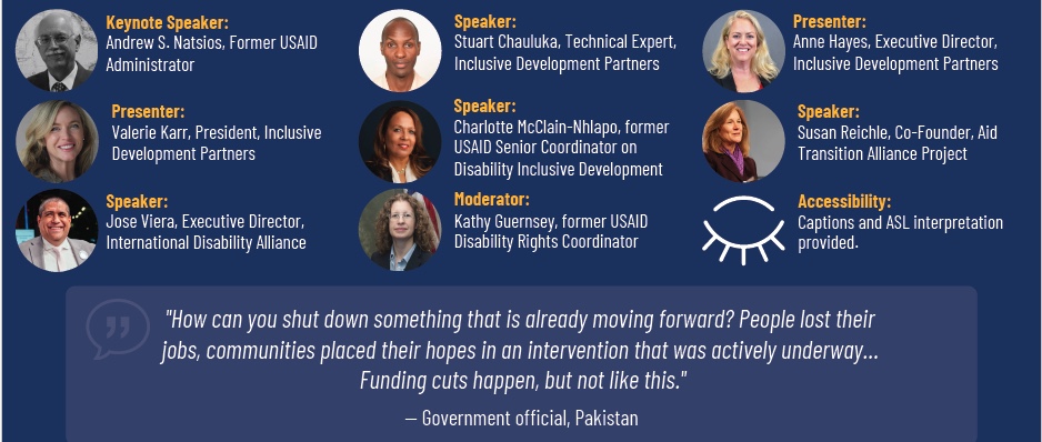 Highlights of key speakers including Andrew Natsios, Stuart Chauluka, Anne Hayes, Valerie Karr, Charlotte McClain-Nhlapo, Susan Reichle, Jose Viera and Kathy Guernsey