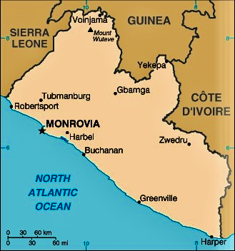 Map of Liberia shows its major cities (Monrovia, Gbamga, Tubmanburg, Zwedru, and others) on the coast of the Atlantic ocean. It is shown to border the countries of Sierra Leone, Guinea, and Côte d'Ivoire.