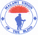 Logo for Malawi Union of the Blind: inside a circle is the top half of a red sun and a silhouette of a person with a cane.