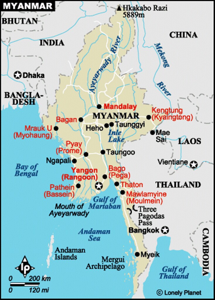 A map of Myanmar with labeled dots to indicate some of the major cities of the country including Madalay, Bagan, Kengtung (Kyaingtong), Bagor (Pega), and others. Countries with which Myanmar shares a border are also visible including Bangladesh, India, China, Laos, and Thailand.