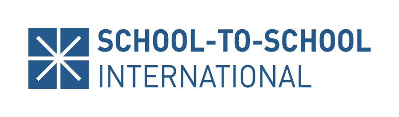 Logo for School to School International with a white sunburst inside a blue square